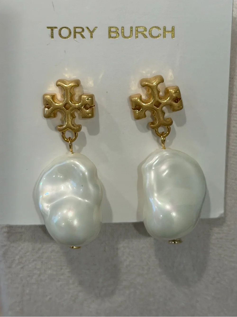 Tory Burch Gold Logo Drop Earrings with White Baroque Pearls